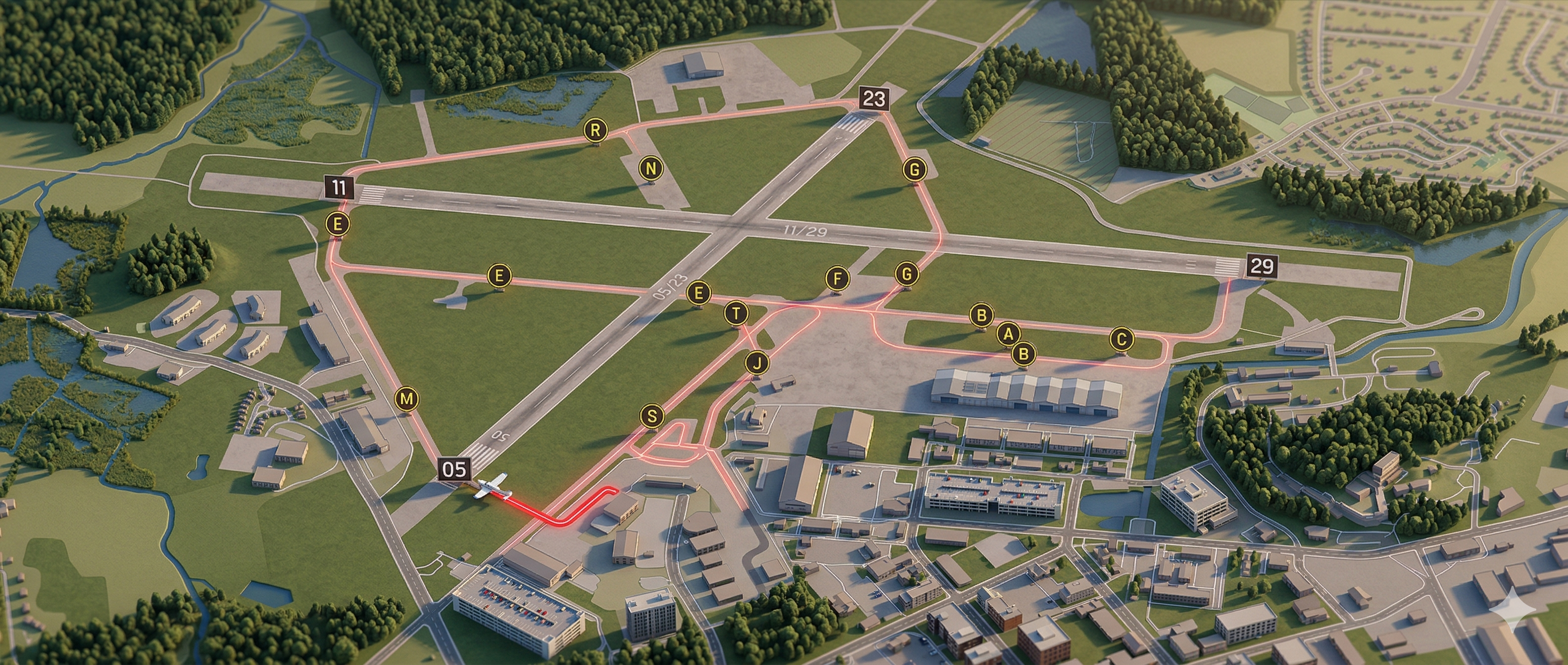 RadioBuddy mission showing Hanscom Field taxi route with map, briefing, and graded student transmission